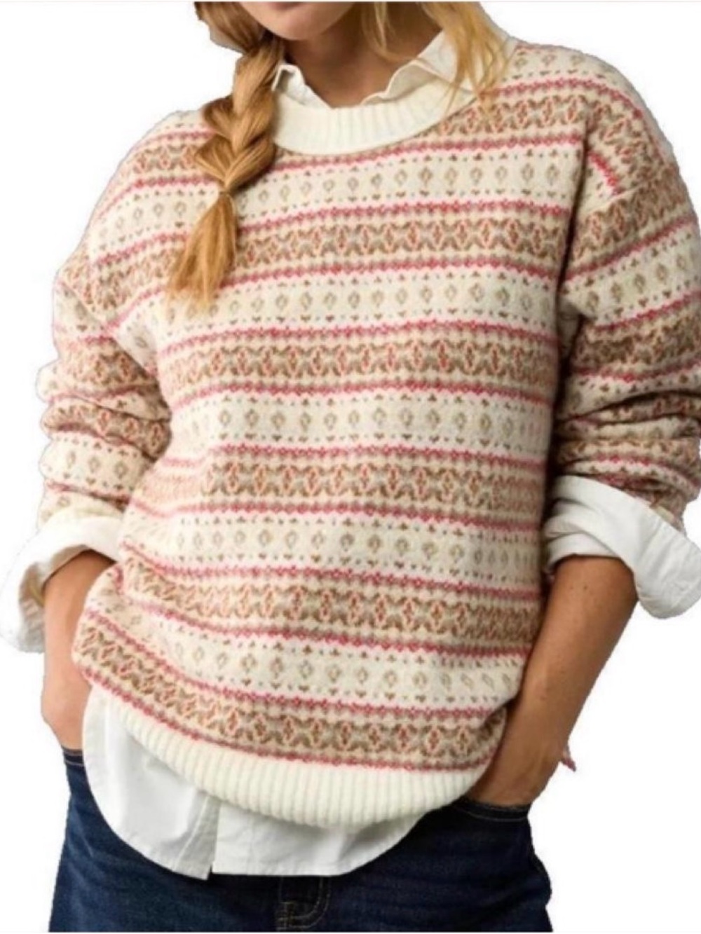 American Eagle Outfitters Cream, Pink & Tan Fair Isle Crewneck Sweater Large